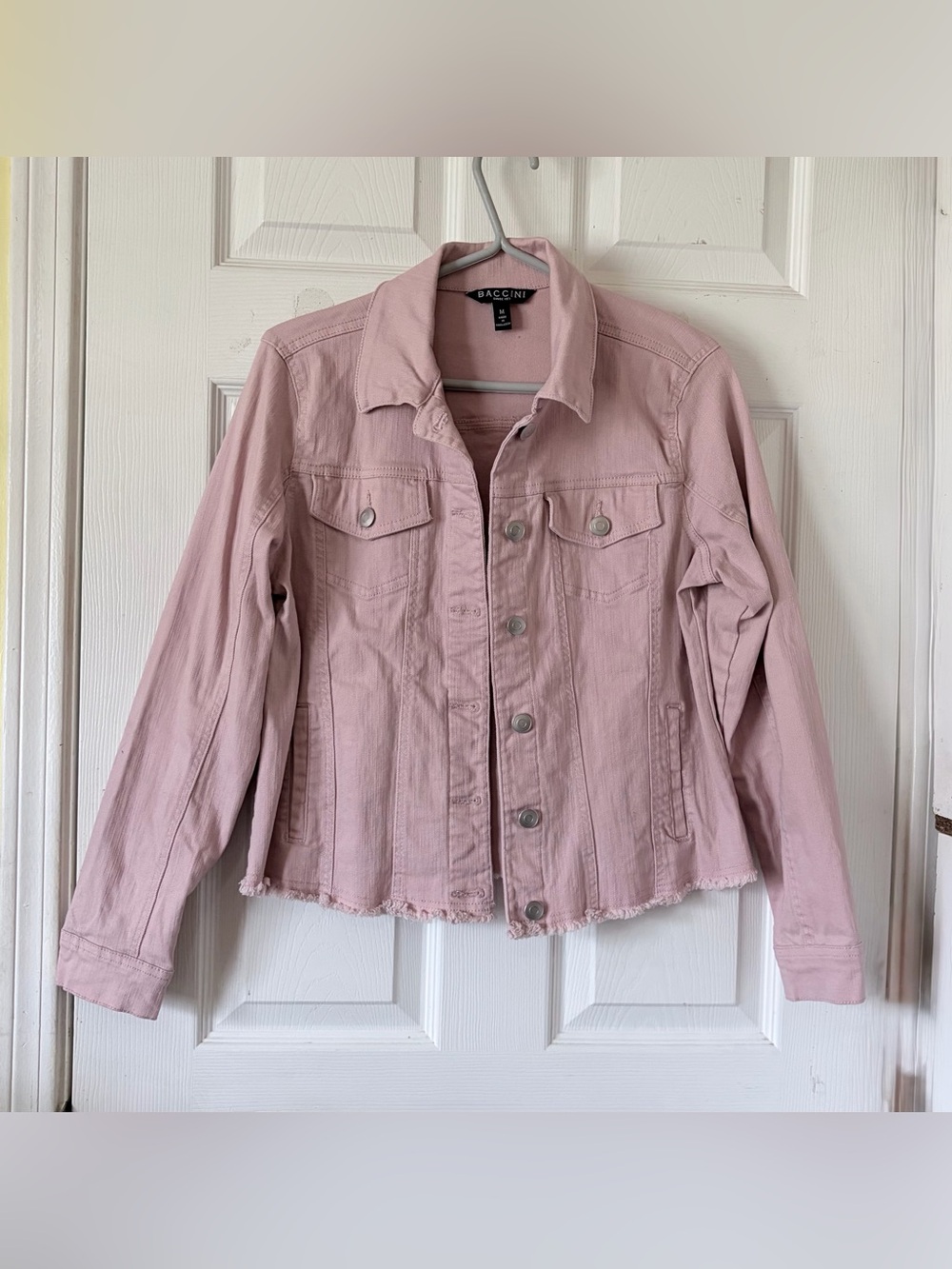 Baccini Pale Pink Denim Jacket with Frayed Hem Buttons Front Sz M